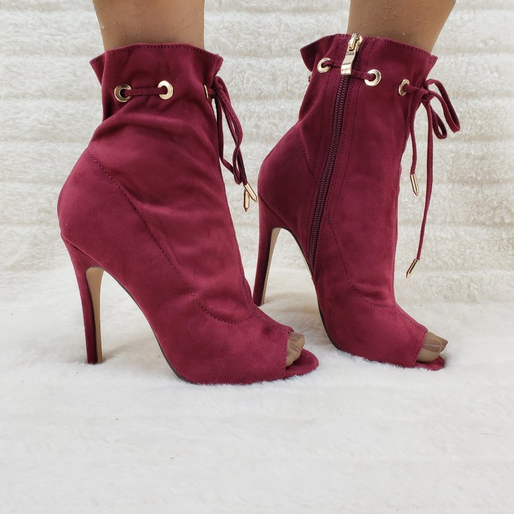Burgundy Wine Red Drawstring Open Toe High Heel Ankle Boots